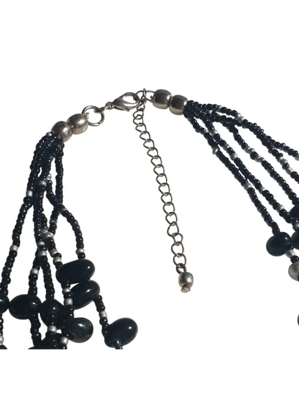 Black Silver Beaded Multistrand Necklace Layered Adjustable 16.5 In 3 In Extensi